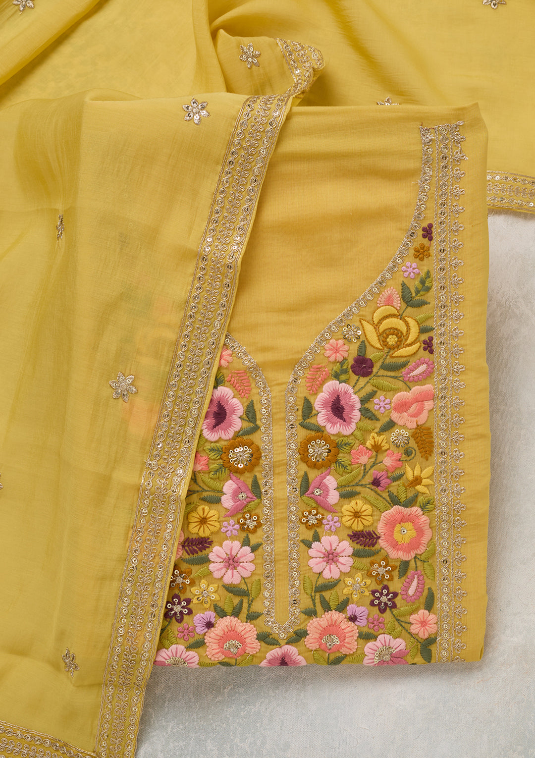 Yellow Threadwork Cotton Unstitched Salwar Suit