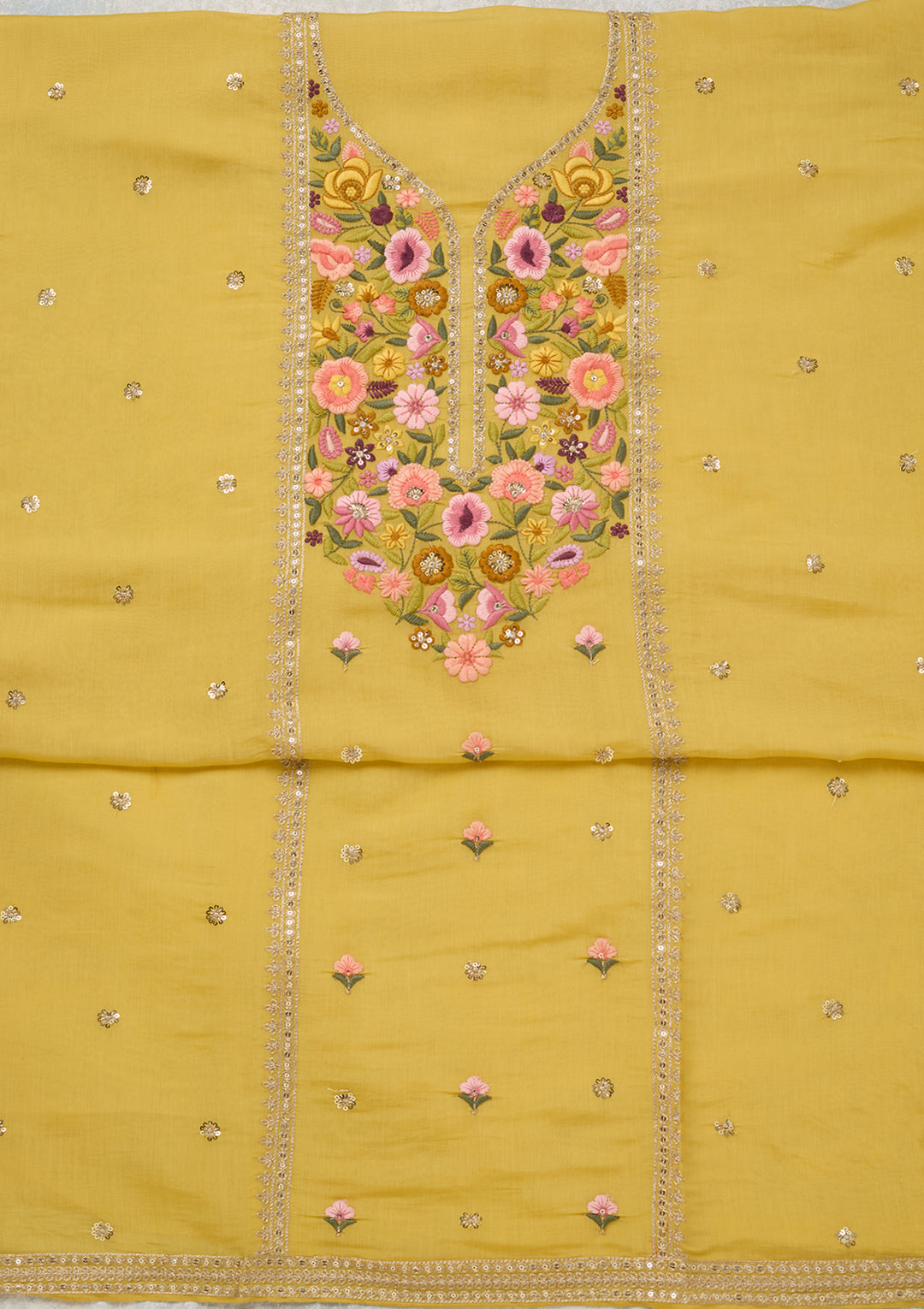 Yellow Threadwork Cotton Unstitched Salwar Suit