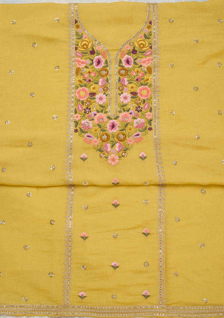 Yellow Threadwork Cotton Unstitched Salwar Suit