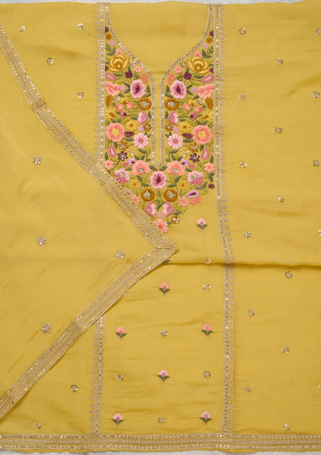 Yellow Threadwork Cotton Unstitched Salwar Suit