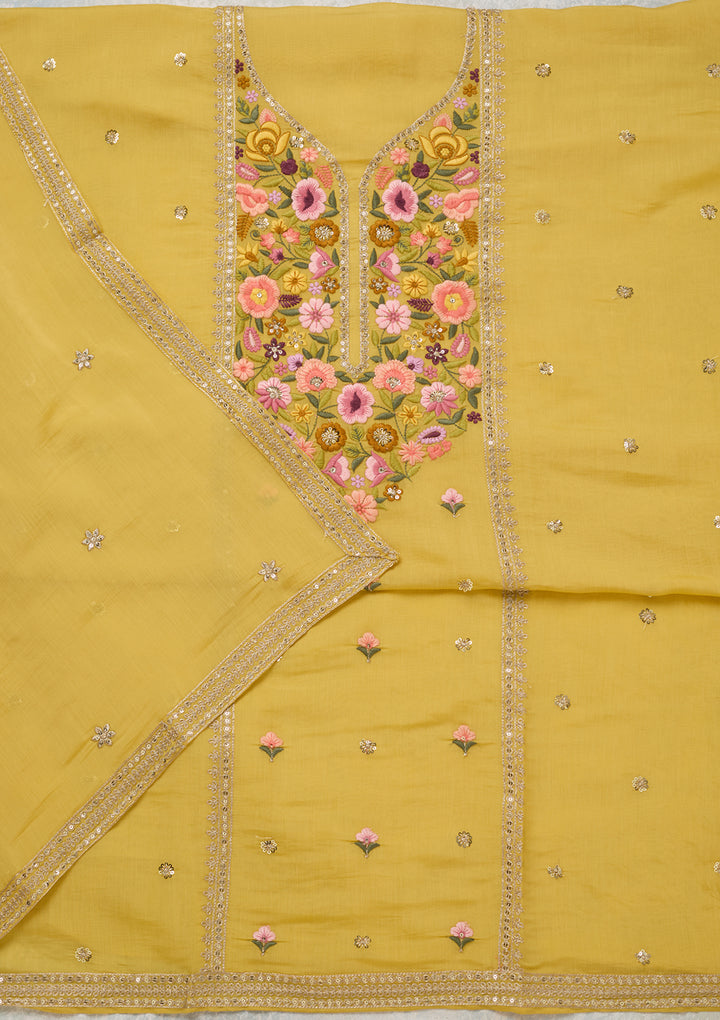 Yellow Threadwork Cotton Unstitched Salwar Suit