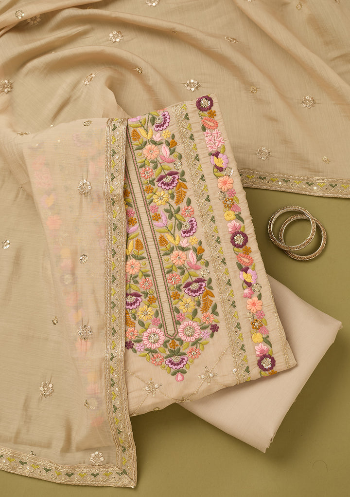 Beige Threadwork Cotton Unstitched Salwar Suit