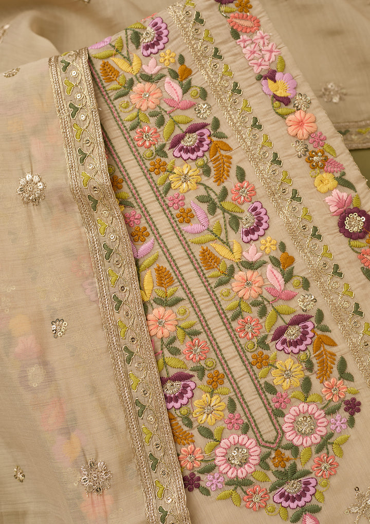 Beige Threadwork Cotton Unstitched Salwar Suit