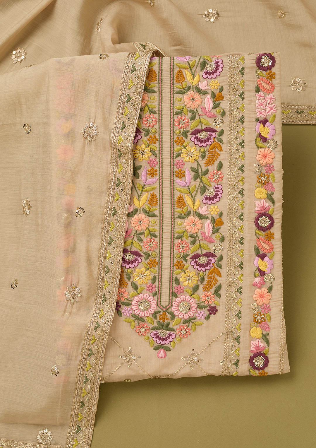 Beige Threadwork Cotton Unstitched Salwar Suit