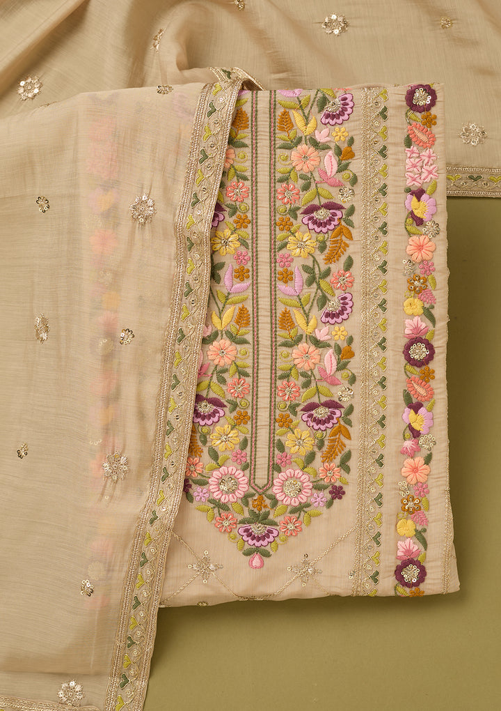 Beige Threadwork Cotton Unstitched Salwar Suit