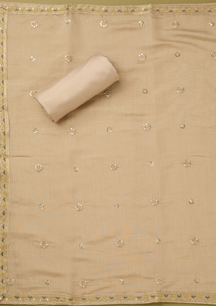 Beige Threadwork Cotton Unstitched Salwar Suit