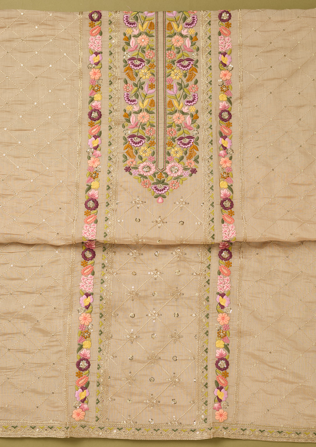 Beige Threadwork Cotton Unstitched Salwar Suit