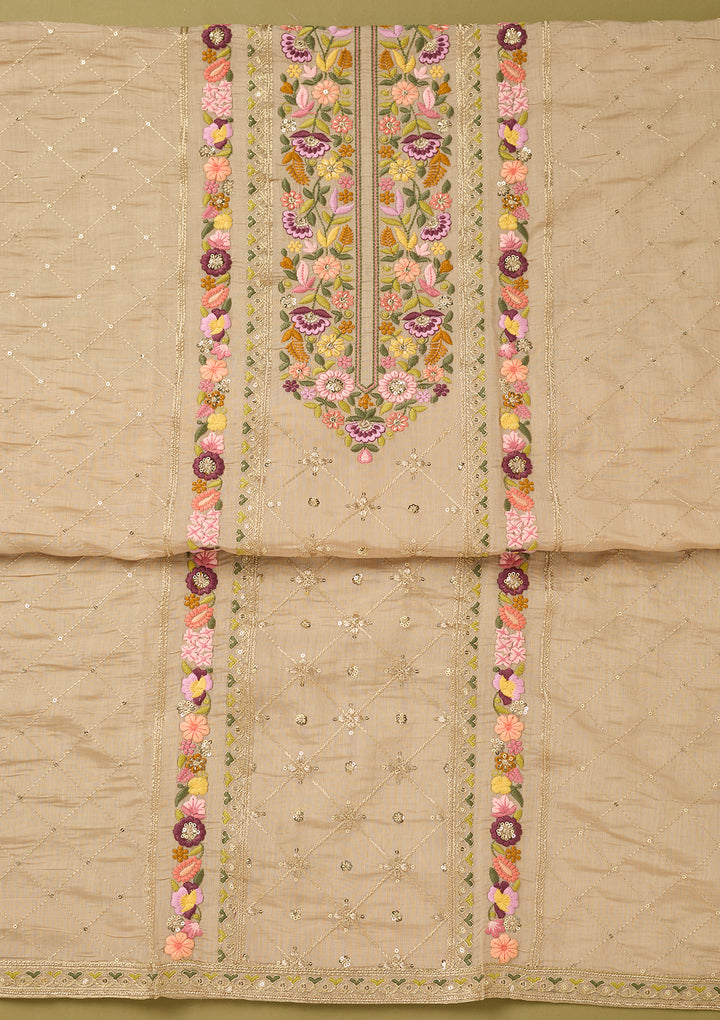 Beige Threadwork Cotton Unstitched Salwar Suit