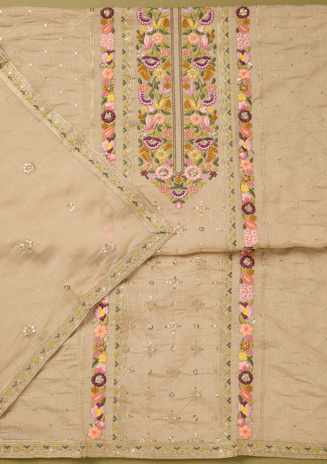 Beige Threadwork Cotton Unstitched Salwar Suit
