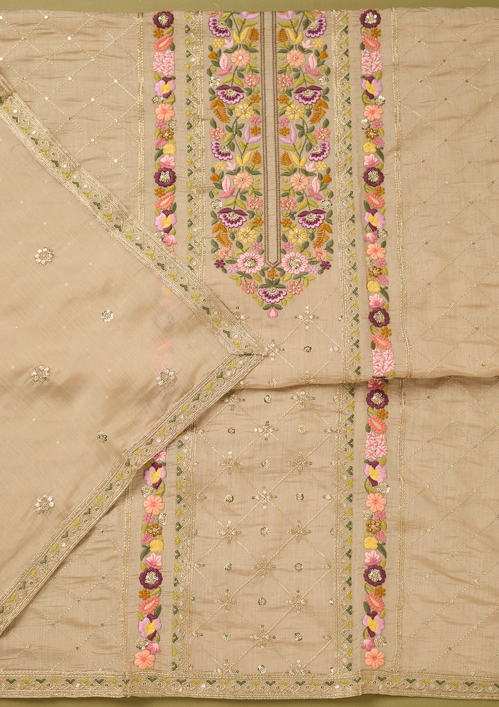 Beige Threadwork Cotton Unstitched Salwar Suit
