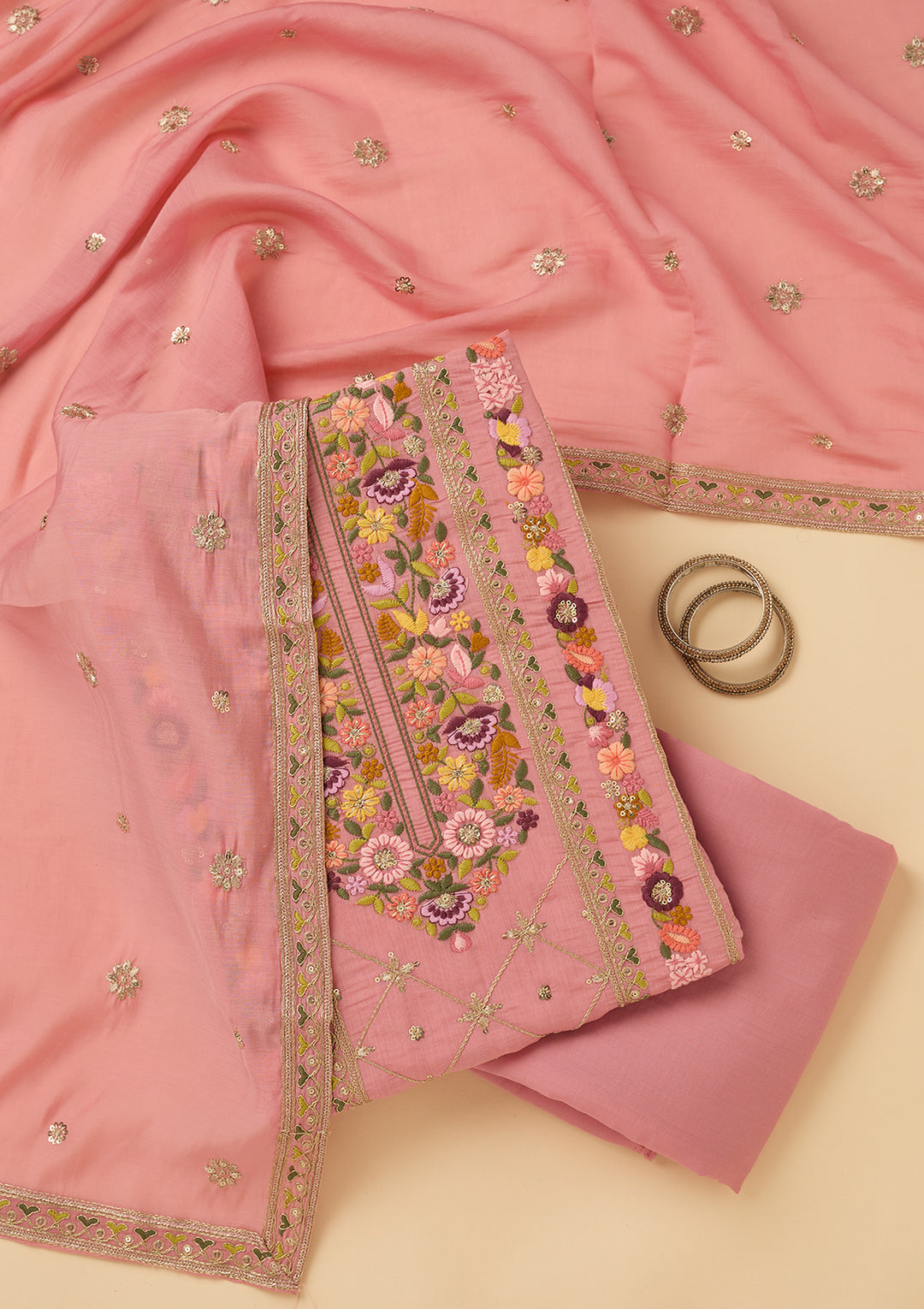Pink Threadwork Cotton Unstitched Salwar Suit