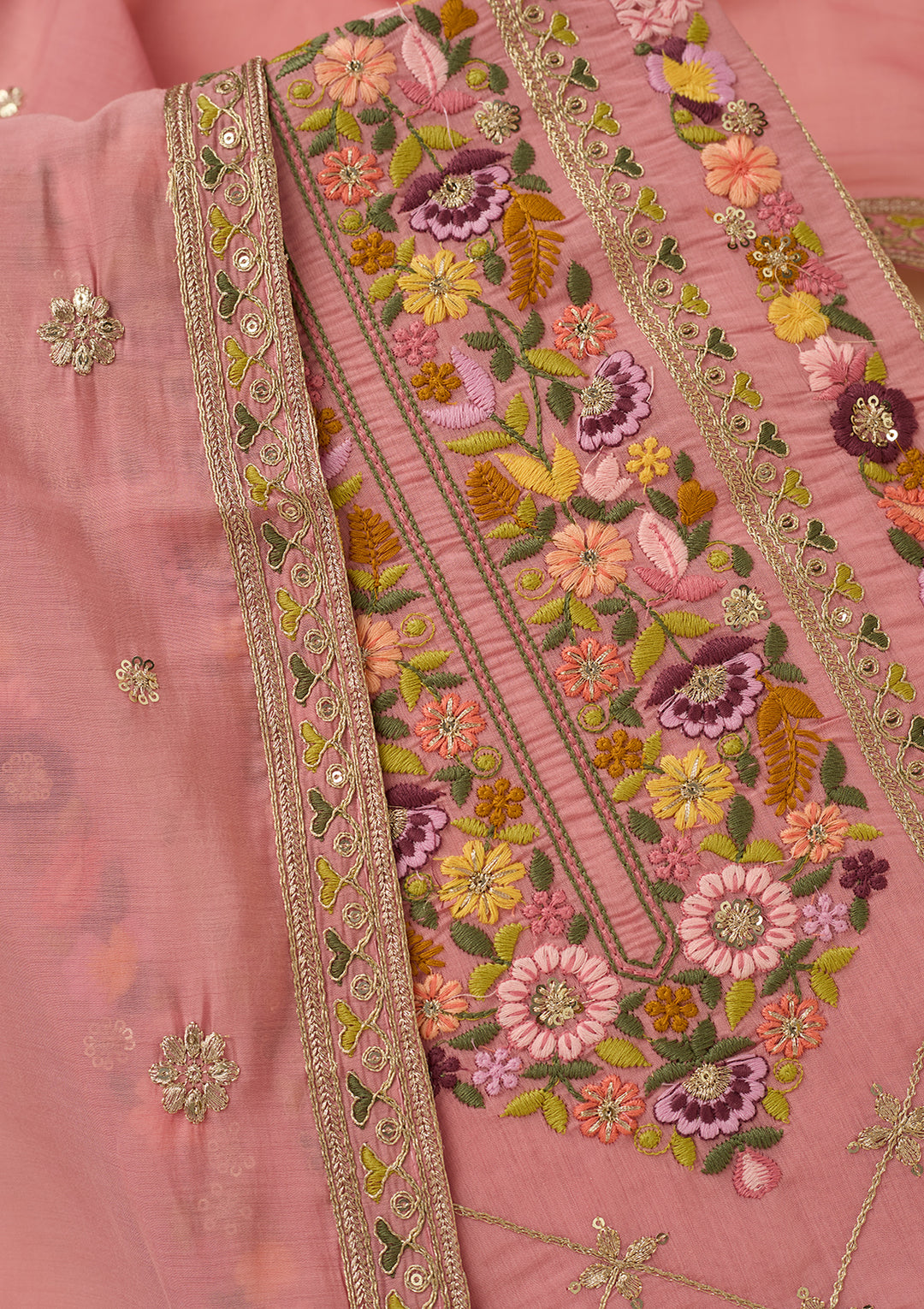 Pink Threadwork Cotton Unstitched Salwar Suit