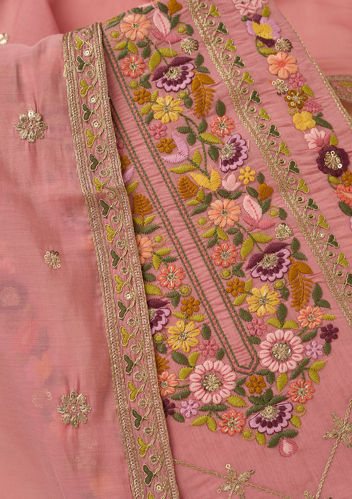 Pink Threadwork Cotton Unstitched Salwar Suit
