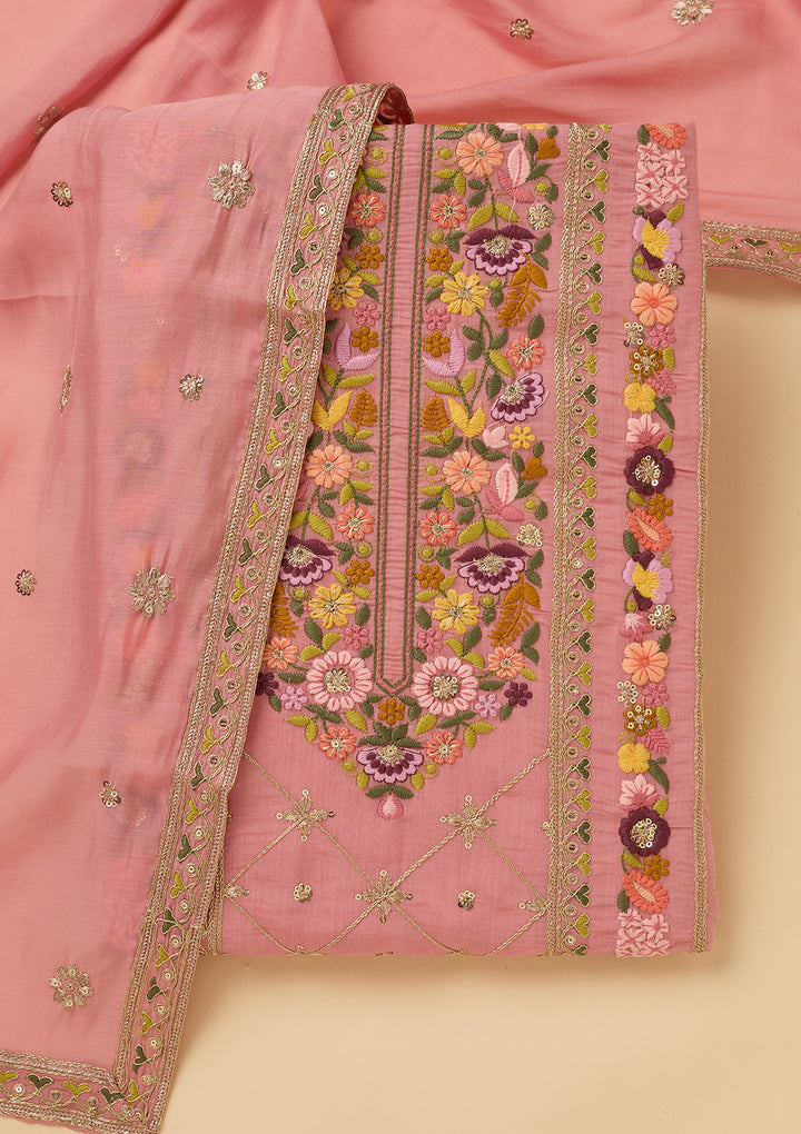 Pink Threadwork Cotton Unstitched Salwar Suit