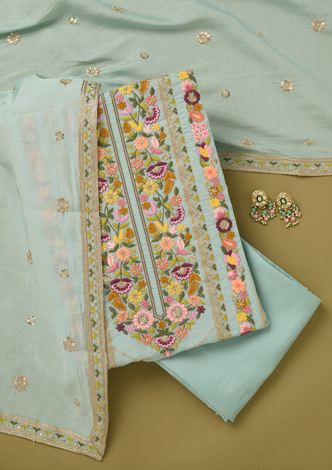 Sky Blue Threadwork Cotton Unstitched Salwar Suit