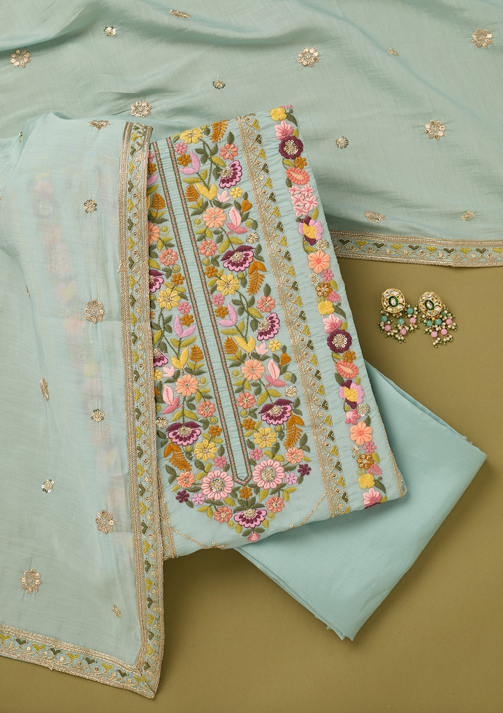 Sky Blue Threadwork Cotton Unstitched Salwar Suit