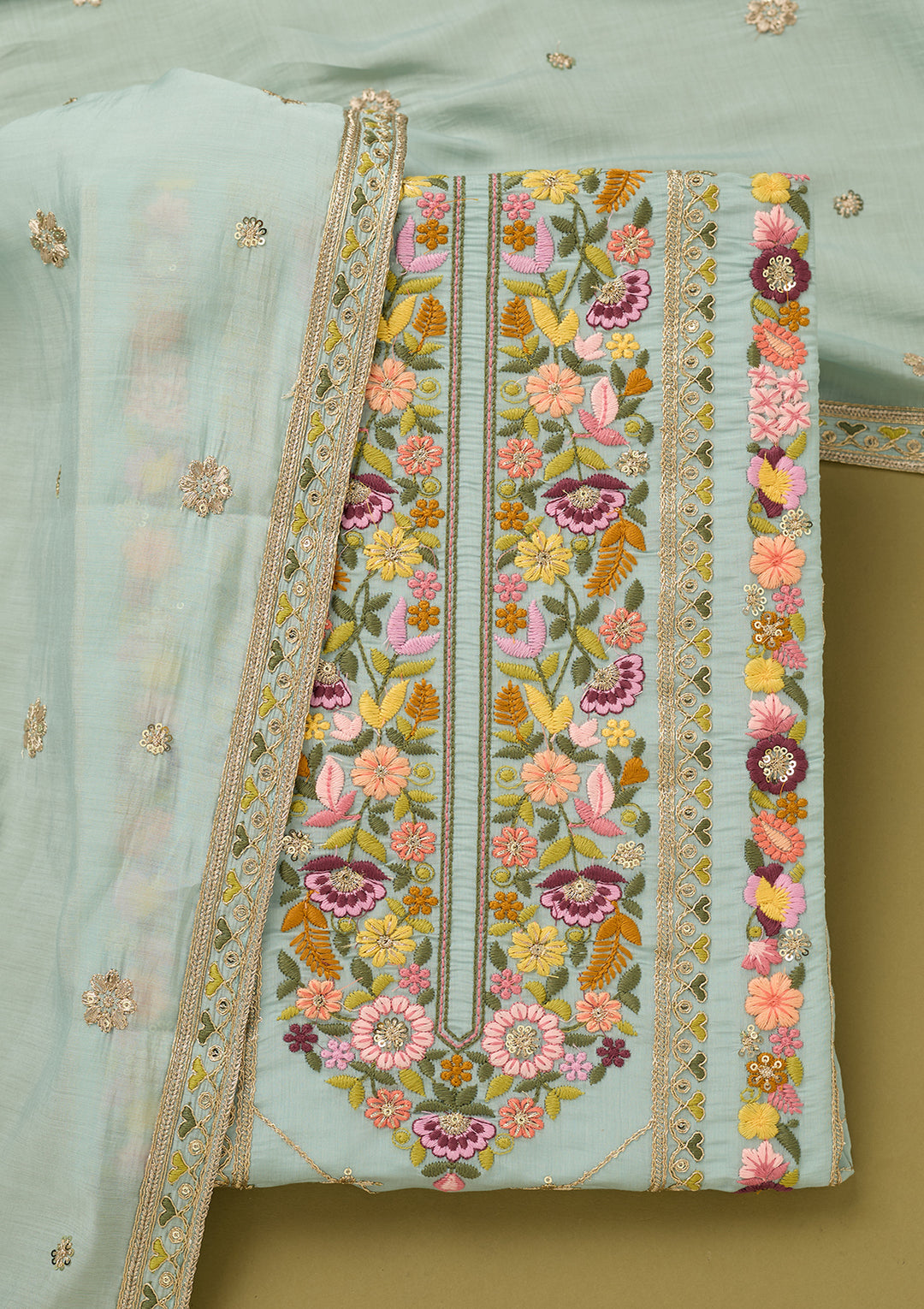 Sky Blue Threadwork Cotton Unstitched Salwar Suit