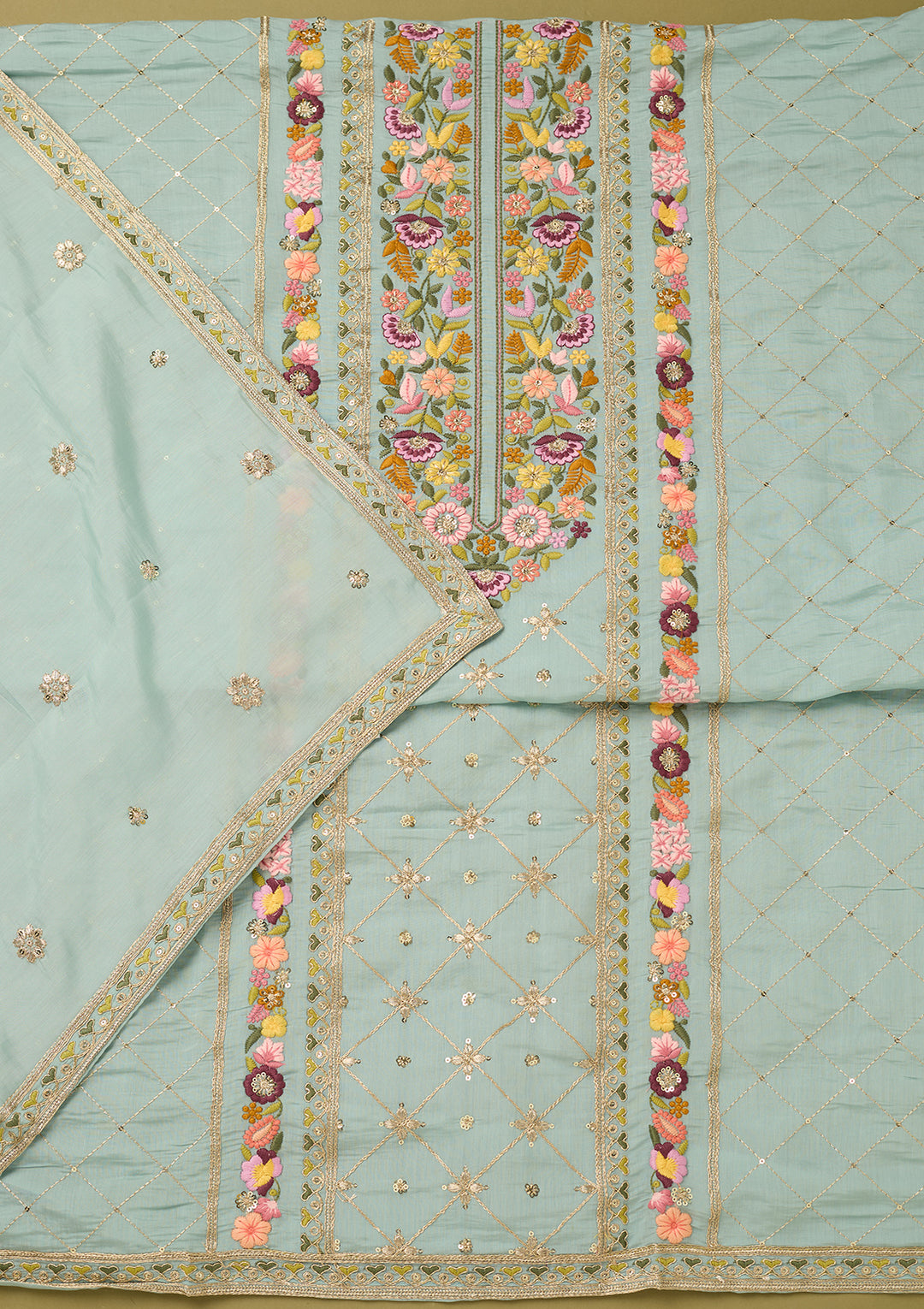 Sky Blue Threadwork Cotton Unstitched Salwar Suit