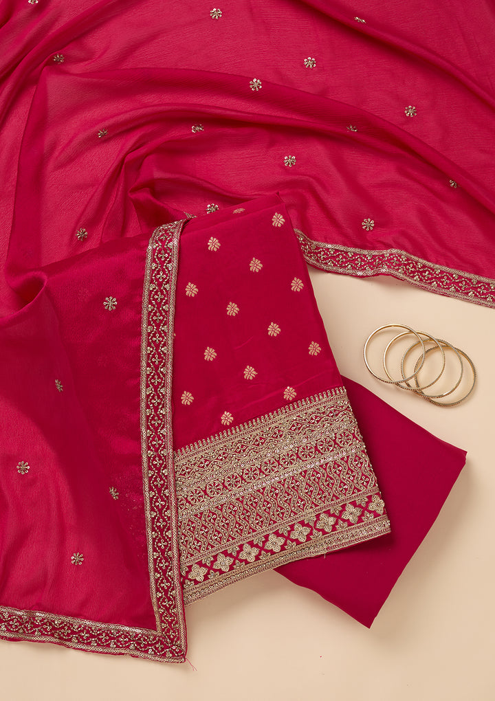 Rani Pink Zariwork (Gold) Dola Silk Unstitched Salwar Suit