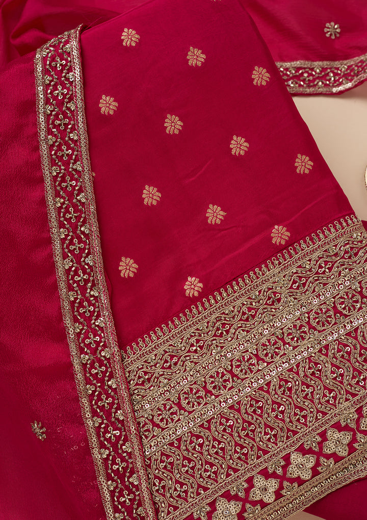 Rani Pink Zariwork (Gold) Dola Silk Unstitched Salwar Suit