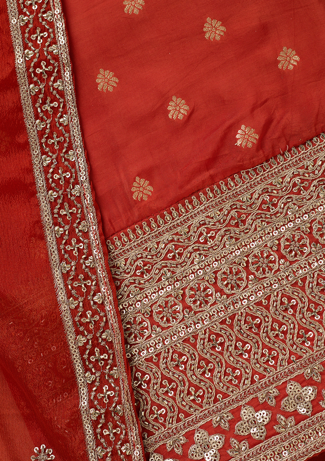 Rust Dola Silk Gold Zariwork Unstitched Dress Material With Matching Bottom And Dupatta
