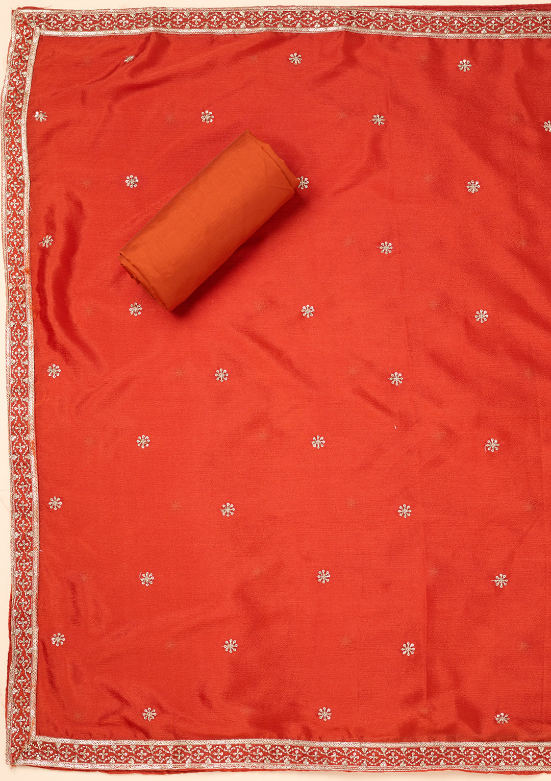 Rust Dola Silk Gold Zariwork Unstitched Dress Material With Matching Bottom And Dupatta
