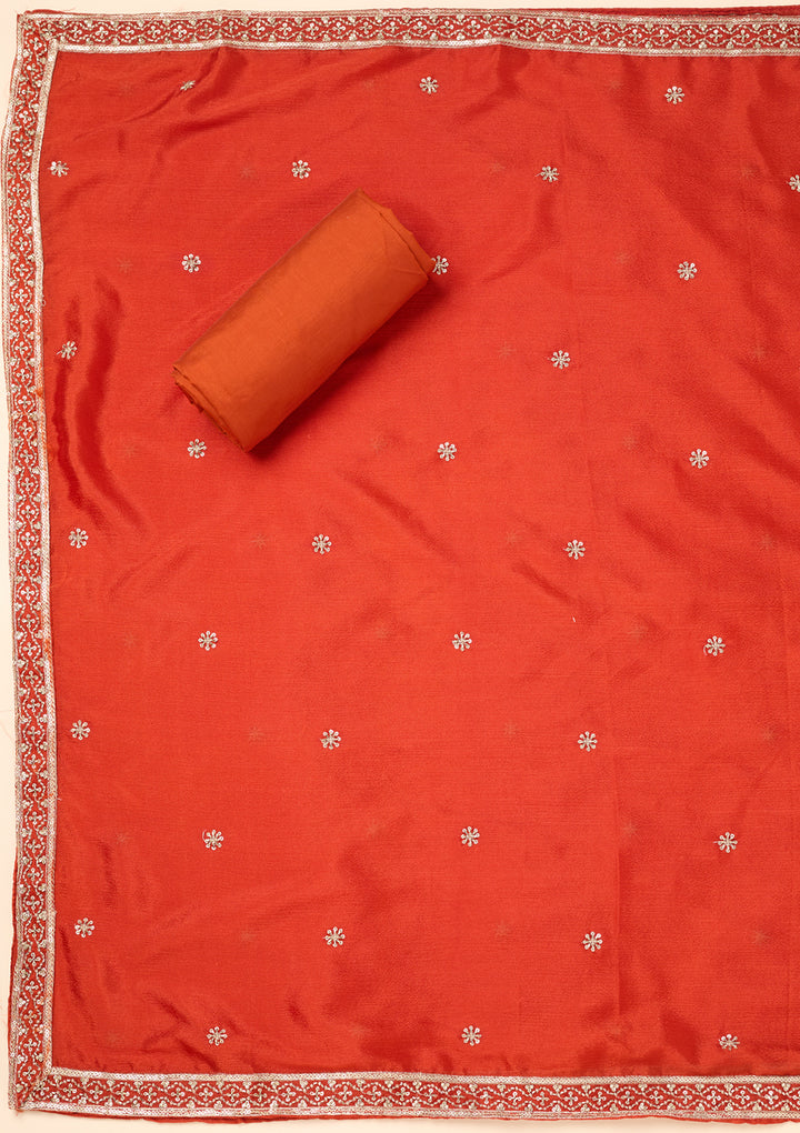 Rust Dola Silk Gold Zariwork Unstitched Dress Material With Matching Bottom And Dupatta