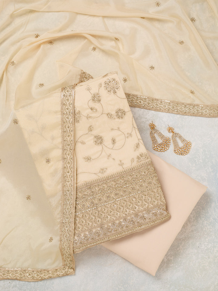 Off White Zariwork (Gold) Dola Silk Unstitched Salwar Suit