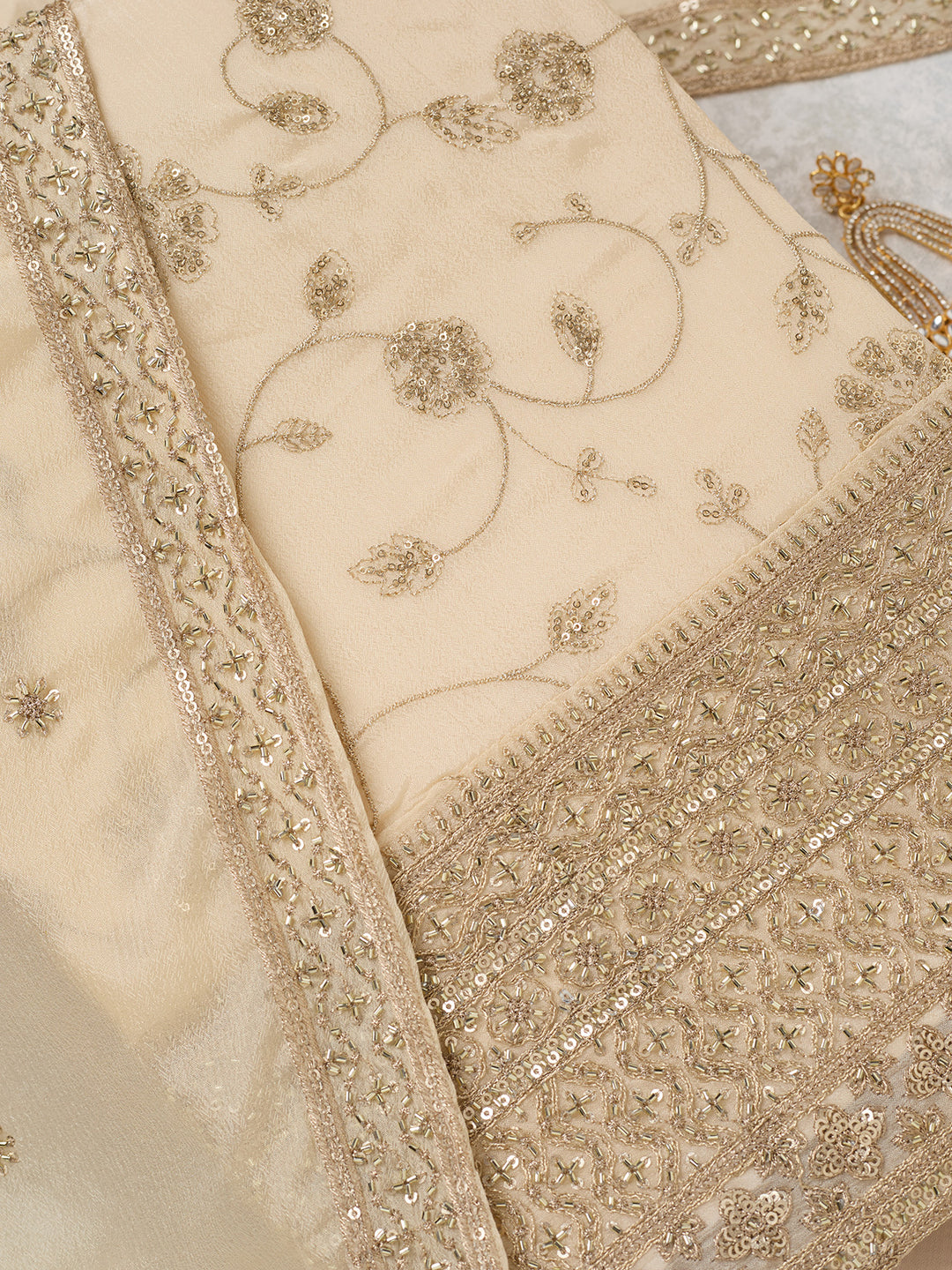 Off White Zariwork (Gold) Dola Silk Unstitched Salwar Suit