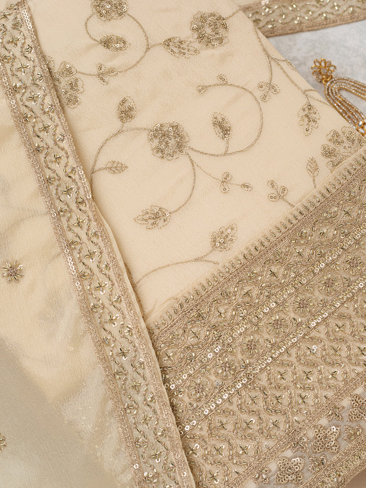 Off White Zariwork (Gold) Dola Silk Unstitched Salwar Suit