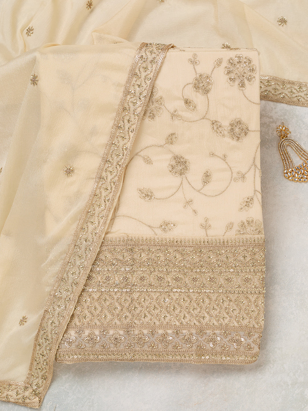 Off White Zariwork (Gold) Dola Silk Unstitched Salwar Suit