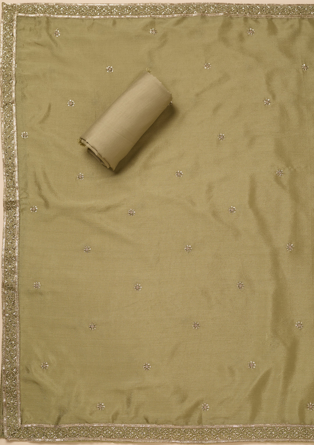 Pista Green Dola Silk Gold Zariwork Unstitched Dress Material With Matching Bottom And Dupatta