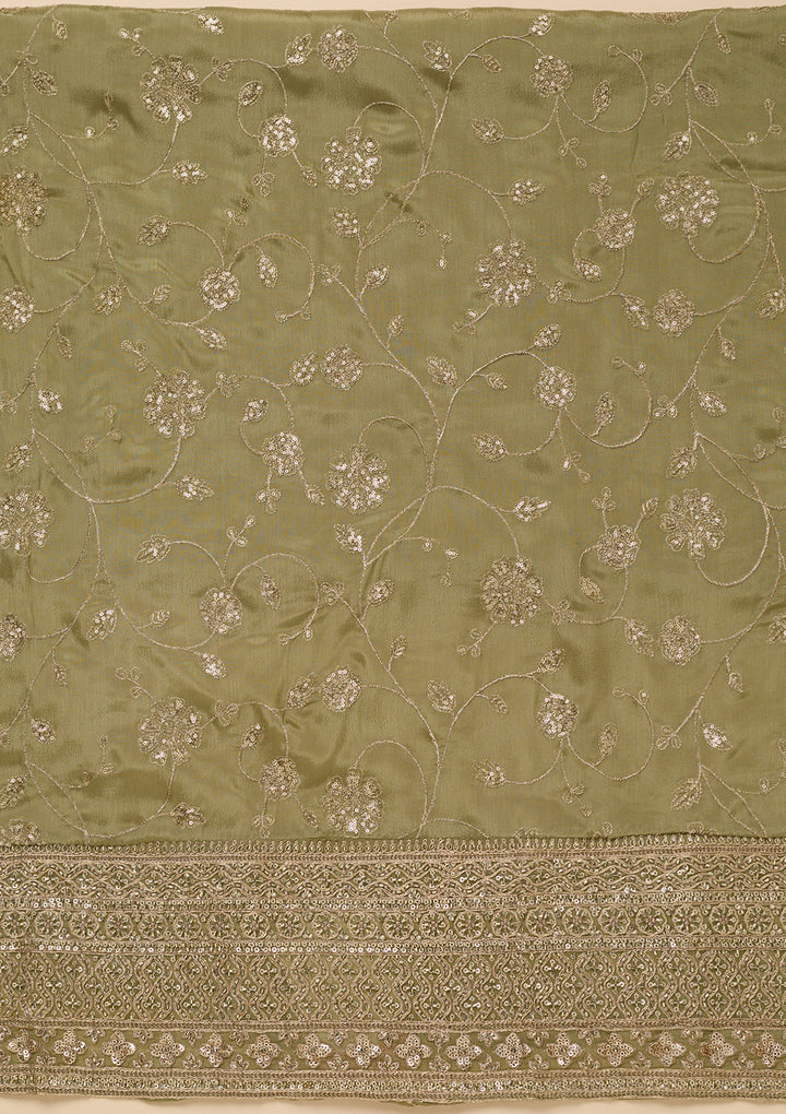 Pista Green Dola Silk Gold Zariwork Unstitched Dress Material With Matching Bottom And Dupatta
