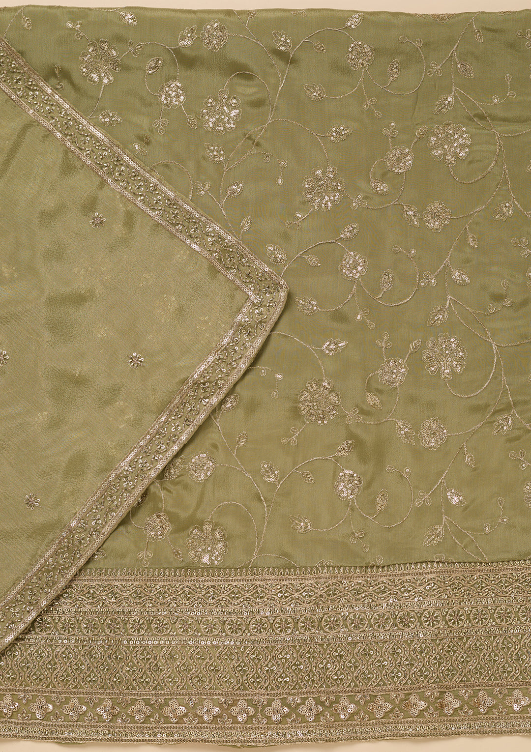 Pista Green Dola Silk Gold Zariwork Unstitched Dress Material With Matching Bottom And Dupatta