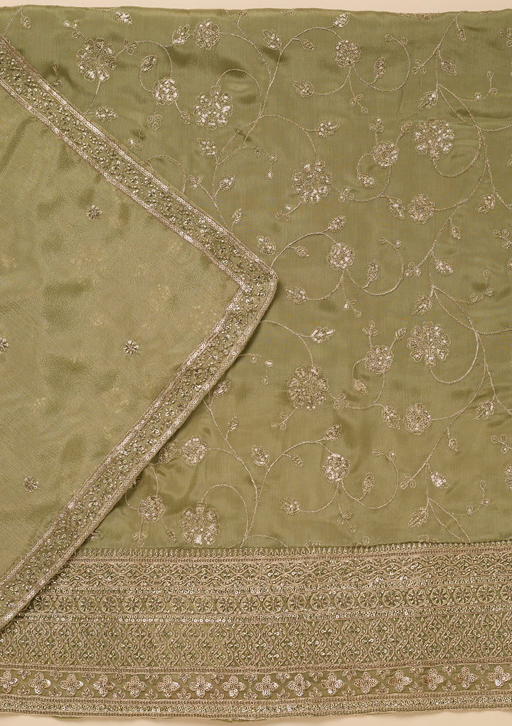 Pista Green Dola Silk Gold Zariwork Unstitched Dress Material With Matching Bottom And Dupatta
