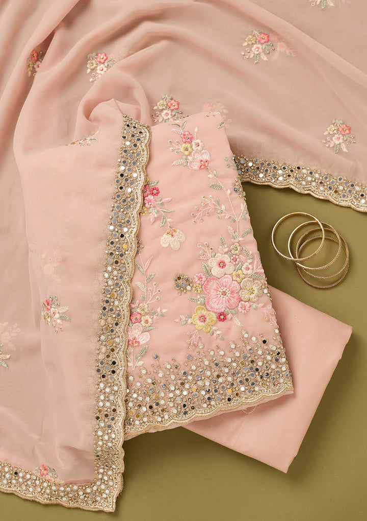 Baby Pink Mirrorwork Georgette Unstitched Salwar Suit
