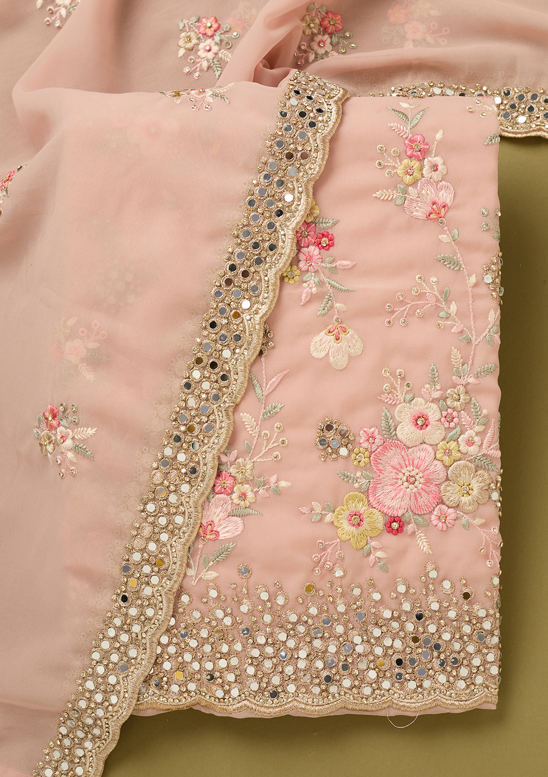 Baby Pink Mirrorwork Georgette Unstitched Salwar Suit