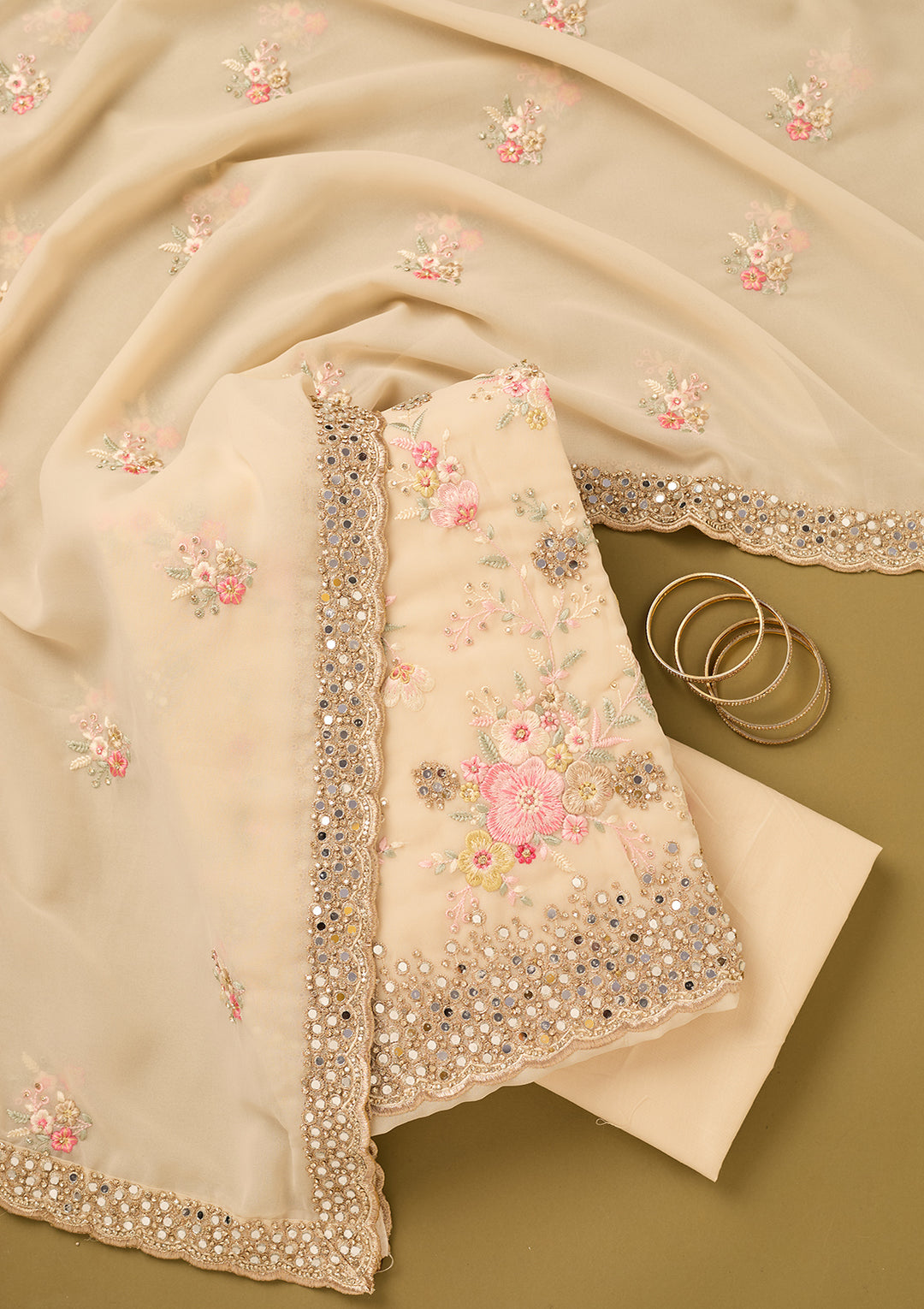 Cream Mirrorwork Georgette Unstitched Salwar Suit
