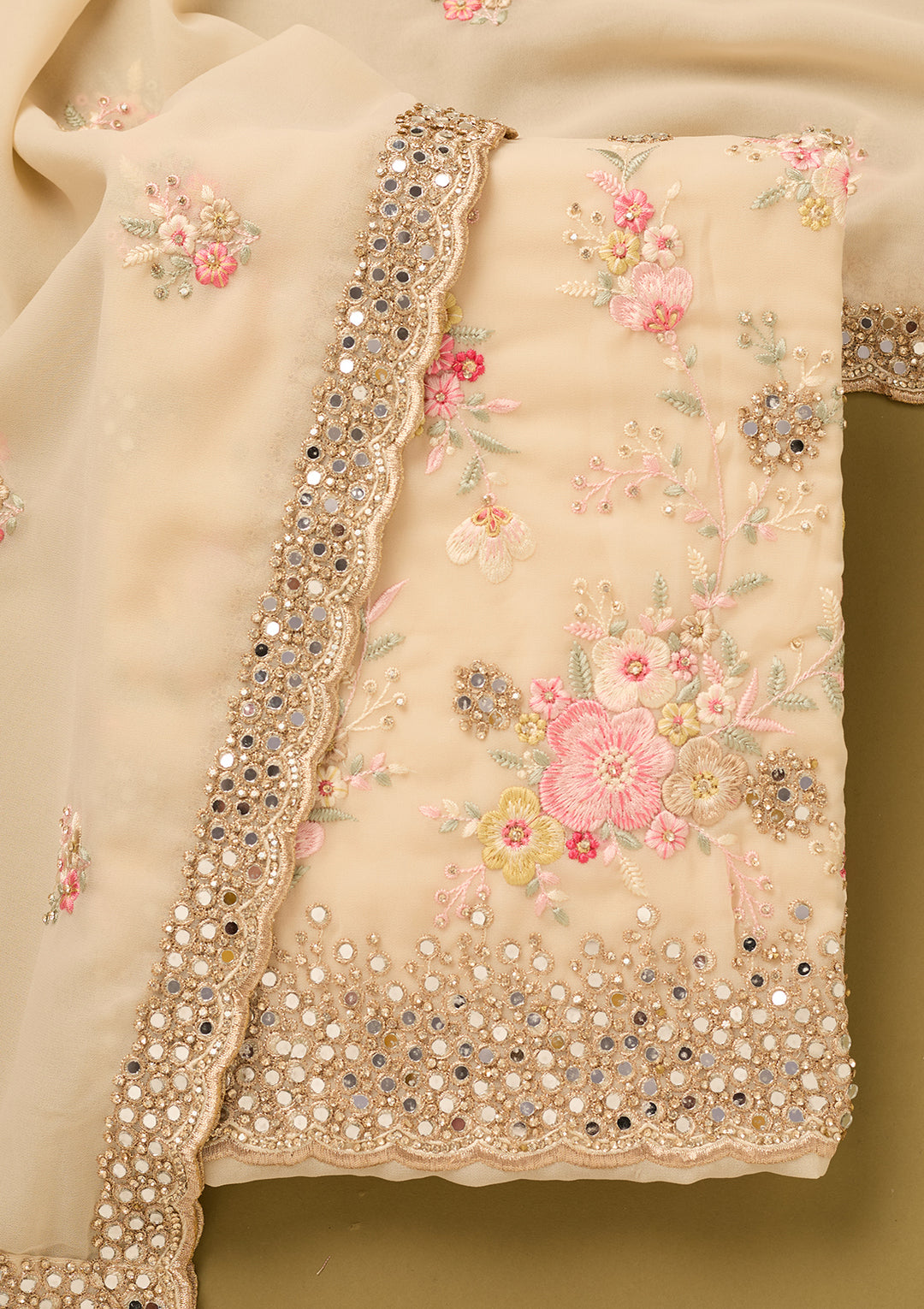 Cream Mirrorwork Georgette Unstitched Salwar Suit