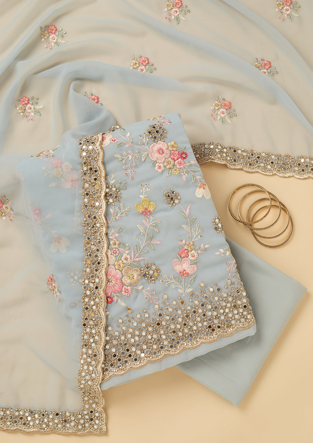 Sky Blue Mirrorwork Georgette Unstitched Salwar Suit