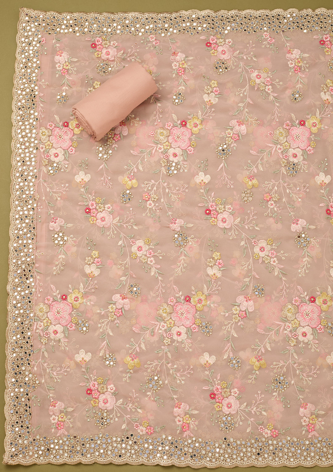 Baby Pink Georgette Mirrorwork Unstitched Dress Material With Matching Bottom And Dupatta