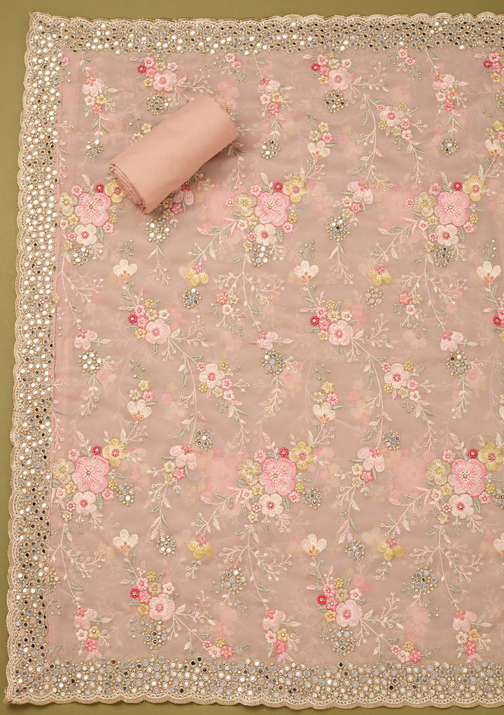 Baby Pink Georgette Mirrorwork Unstitched Dress Material With Matching Bottom And Dupatta