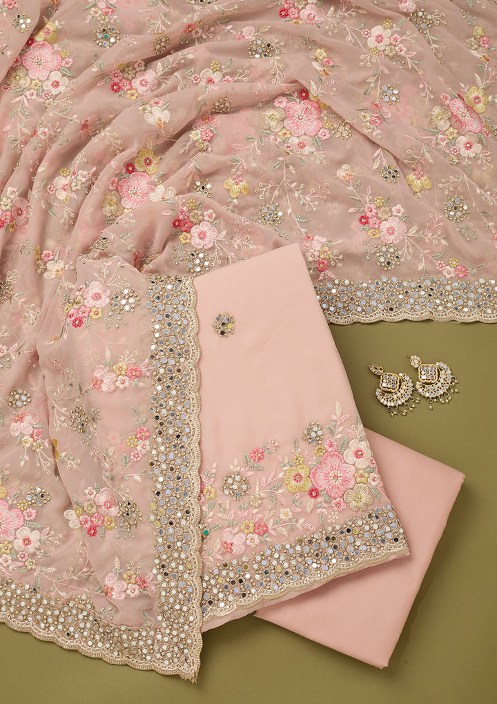 Baby Pink Georgette Mirrorwork Unstitched Dress Material With Matching Bottom And Dupatta
