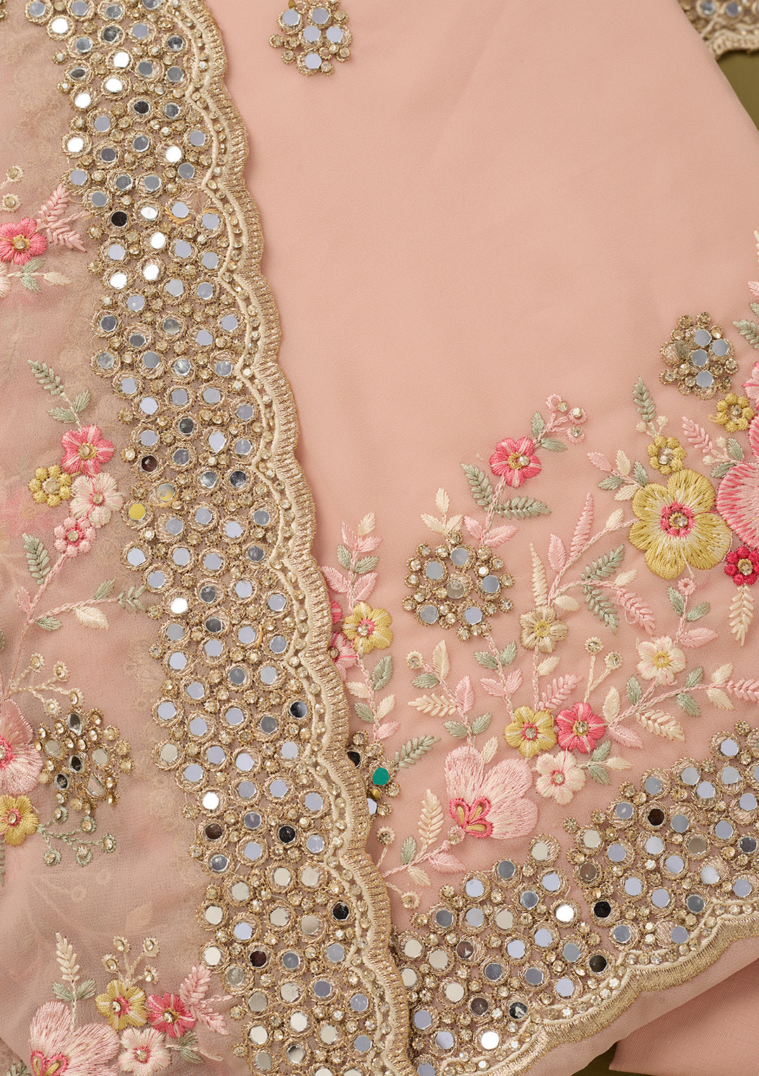 Baby Pink Georgette Mirrorwork Unstitched Dress Material With Matching Bottom And Dupatta