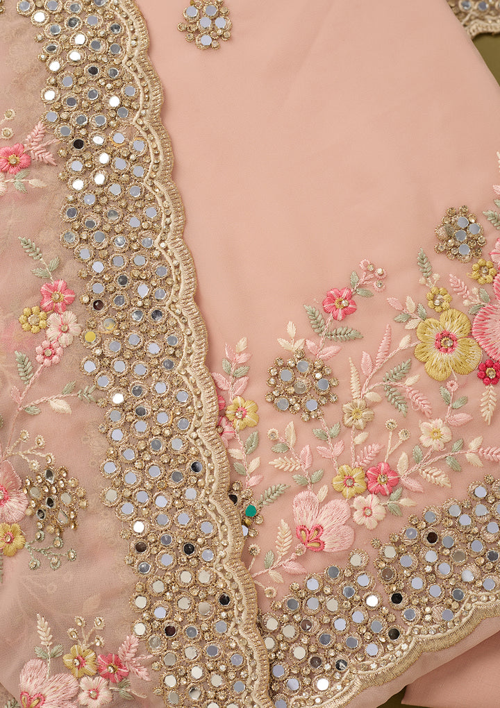 Baby Pink Georgette Mirrorwork Unstitched Dress Material With Matching Bottom And Dupatta