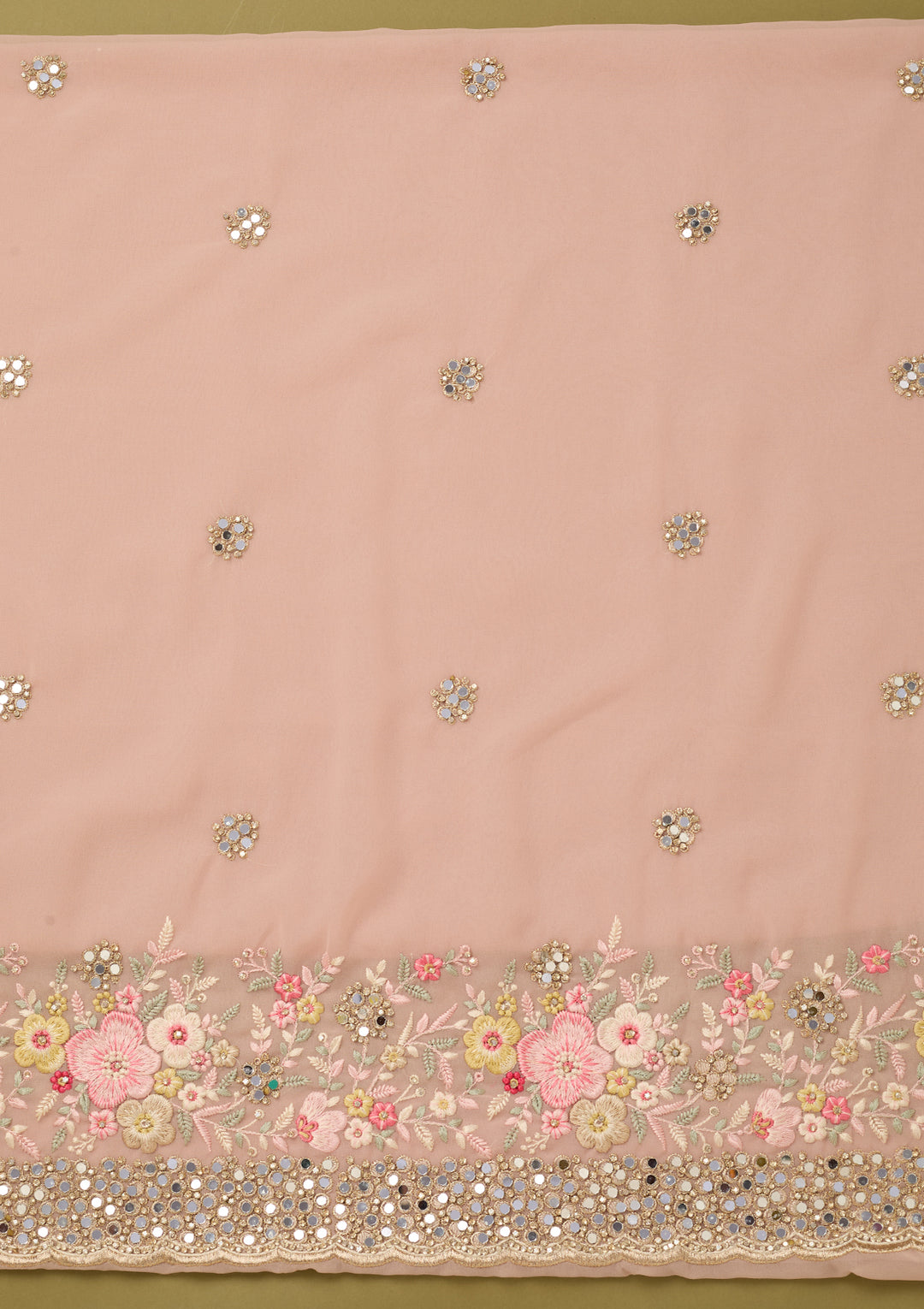 Baby Pink Georgette Mirrorwork Unstitched Dress Material With Matching Bottom And Dupatta