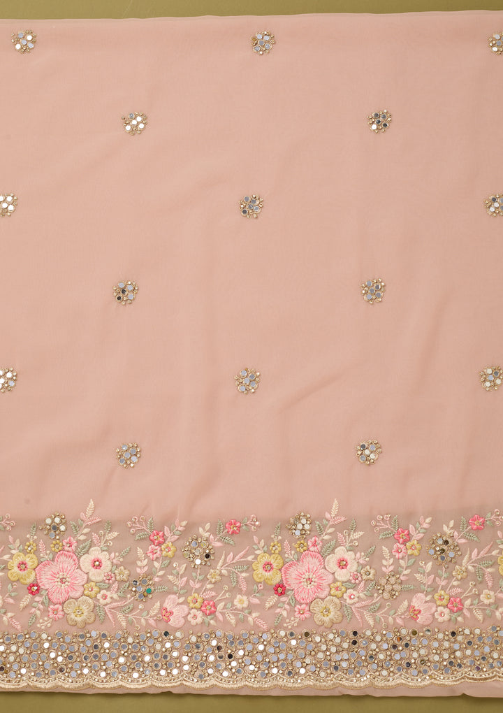 Baby Pink Georgette Mirrorwork Unstitched Dress Material With Matching Bottom And Dupatta