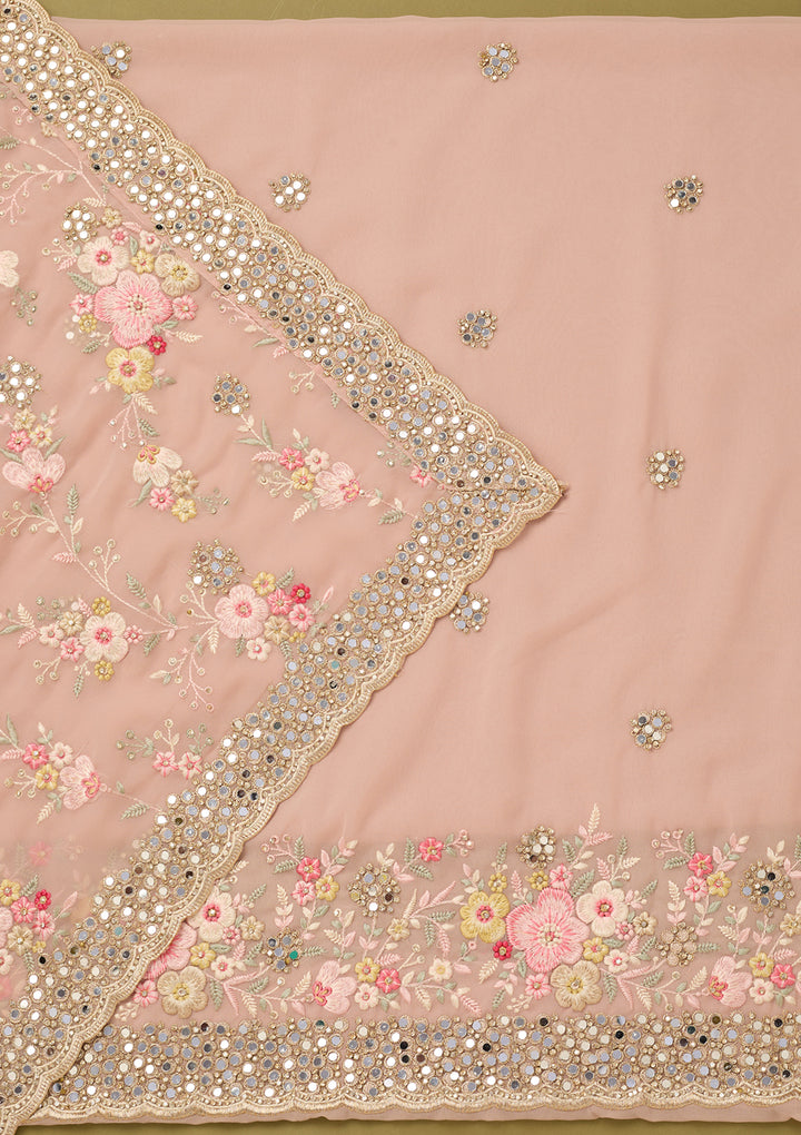 Baby Pink Georgette Mirrorwork Unstitched Dress Material With Matching Bottom And Dupatta