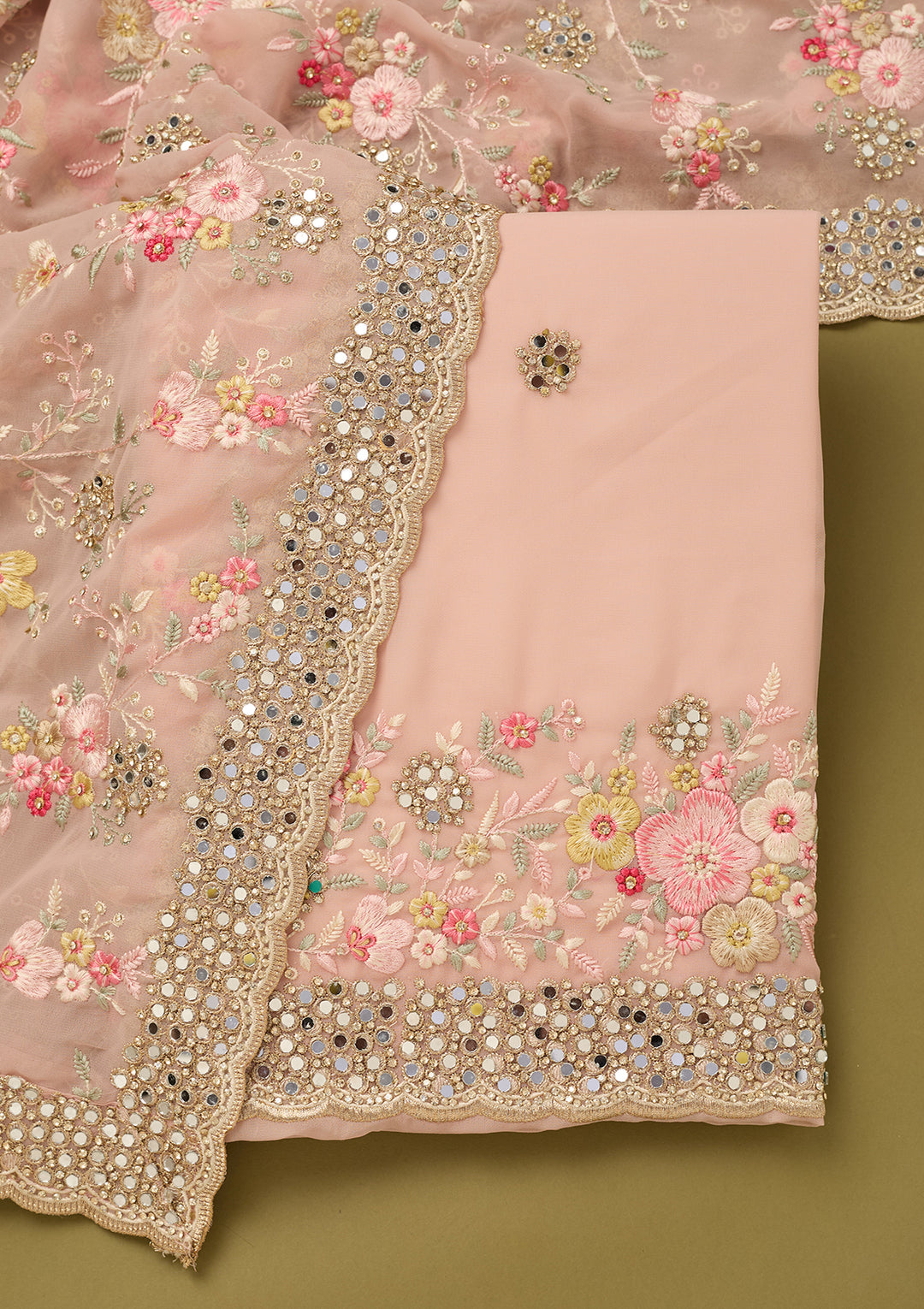 Baby Pink Georgette Mirrorwork Unstitched Dress Material With Matching Bottom And Dupatta