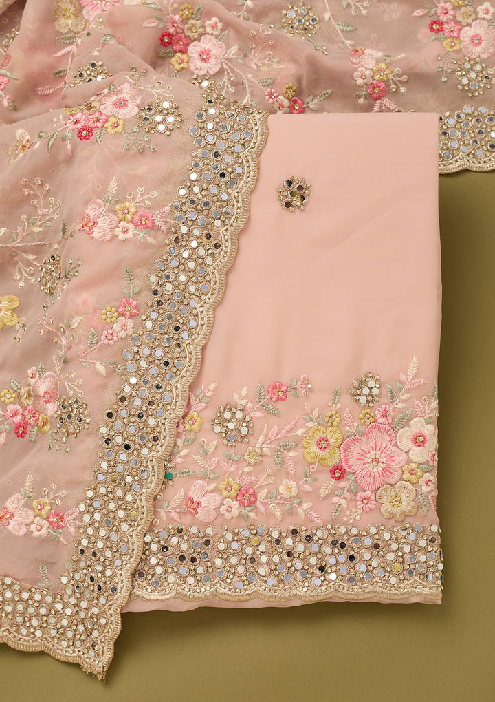 Baby Pink Georgette Mirrorwork Unstitched Dress Material With Matching Bottom And Dupatta